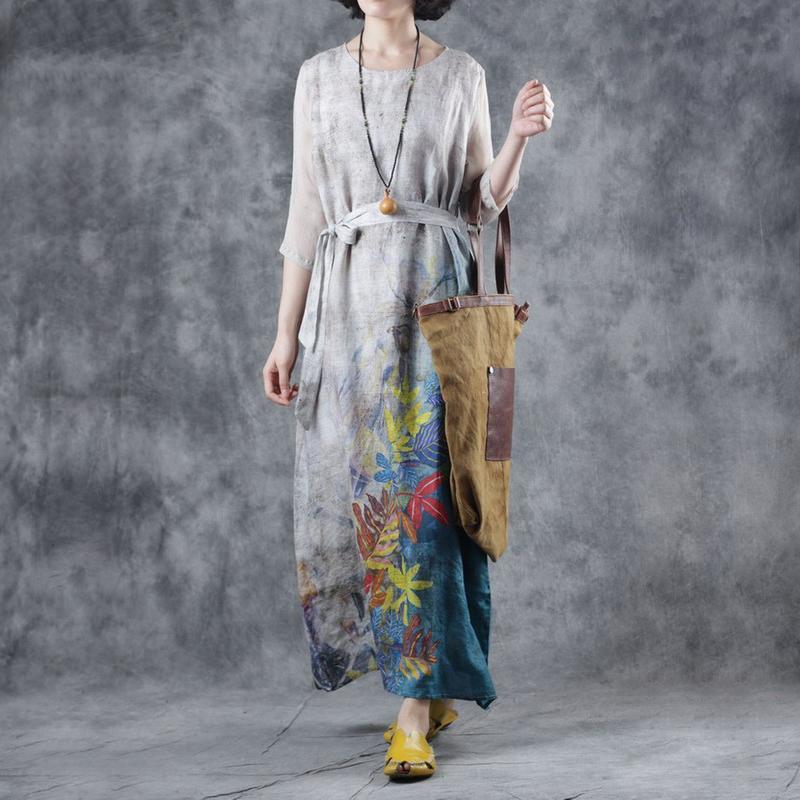 Vintage Leaf Print Casual Maxi Loose Dress With Belt 2019 April New One Size Gray 