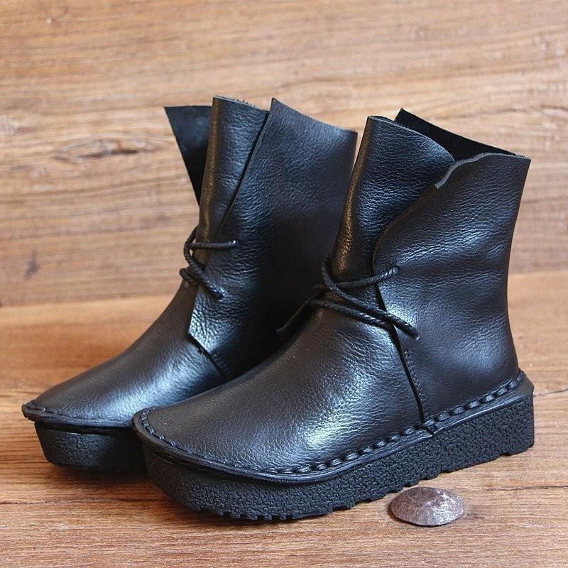 Vintage Leather Lacing Casual Ankle Boots September 2021 new-arrival 35 Black 