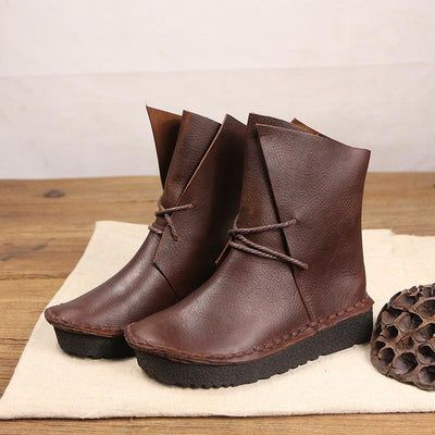 Vintage Leather Lacing Casual Ankle Boots