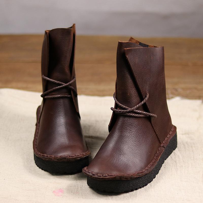 Vintage Leather Lacing Casual Ankle Boots