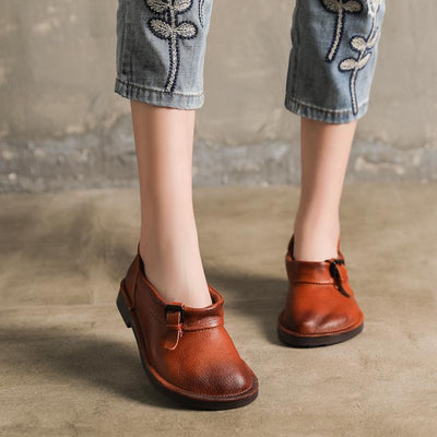 Vintage Leather Round Toe Flat Soft Women Shoes
