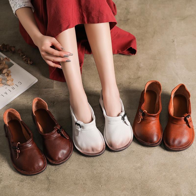 Vintage Leather Round Toe Flat Soft Women Shoes
