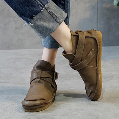 Vintage Leather Sewing Crossing Belts Casual Round Toe Boots 2019 April New 35 Light Brown 