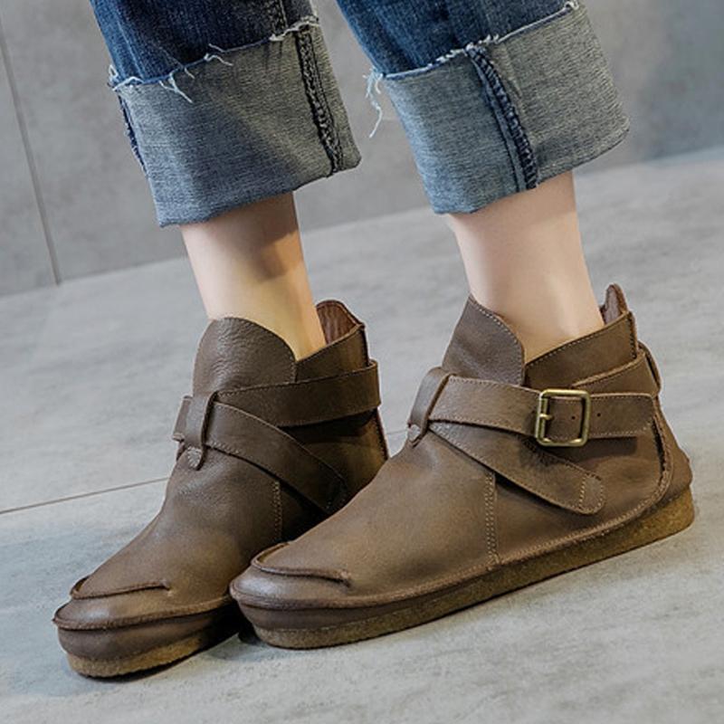 Vintage Leather Sewing Crossing Belts Casual Round Toe Boots