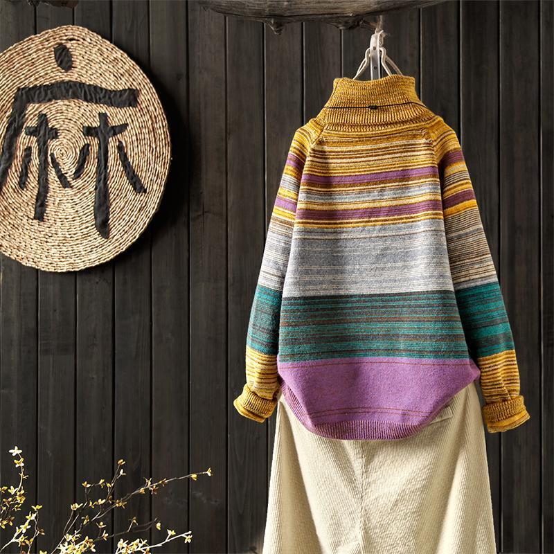 Vintage Loose Rainbow Strip Turtleneck Sweater