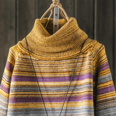 Vintage Loose Rainbow Strip Turtleneck Sweater