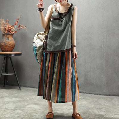 Vintage Natural Linen Striped A-Line Women Skirt 2019 April New 