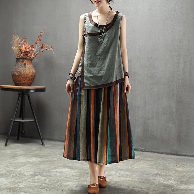 Vintage Natural Linen Striped A-Line Women Skirt