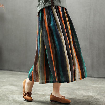 Vintage Natural Linen Striped A-Line Women Skirt