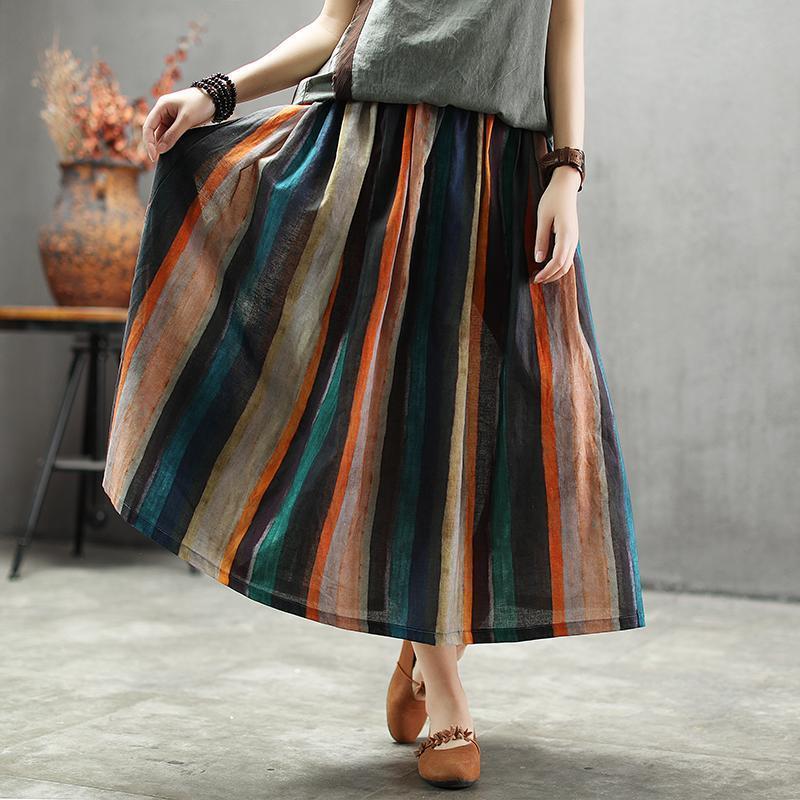 Vintage Natural Linen Striped A-Line Women Skirt – Babakud