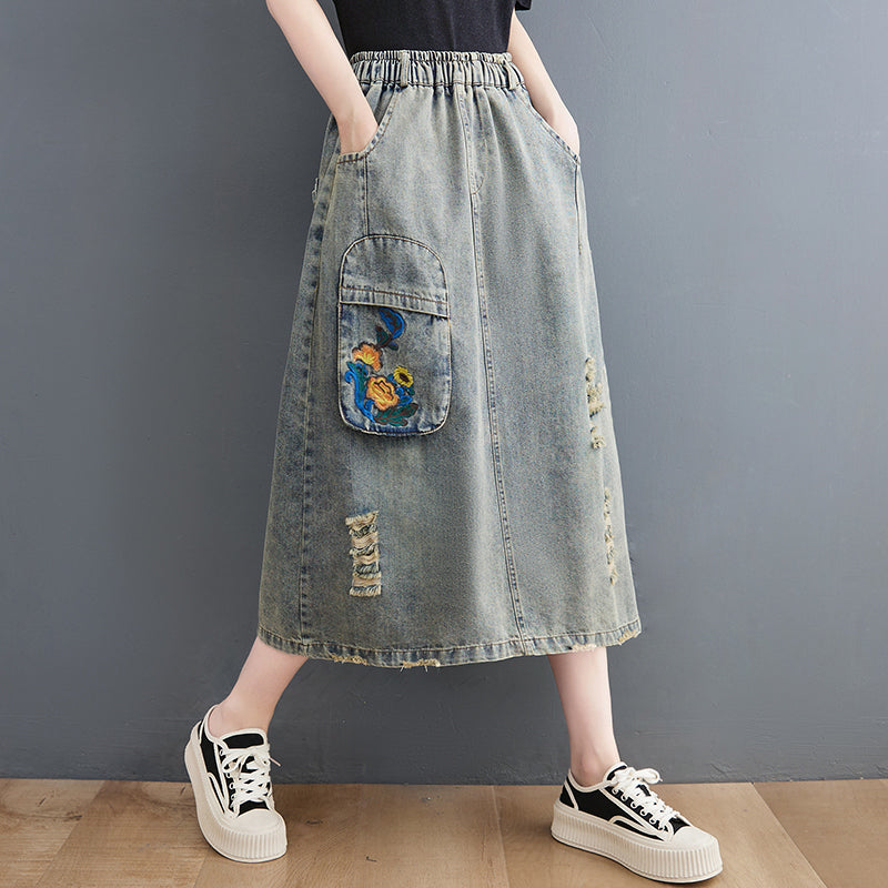 Vintage Ripped Loose A-Line Summer Denim Skirt