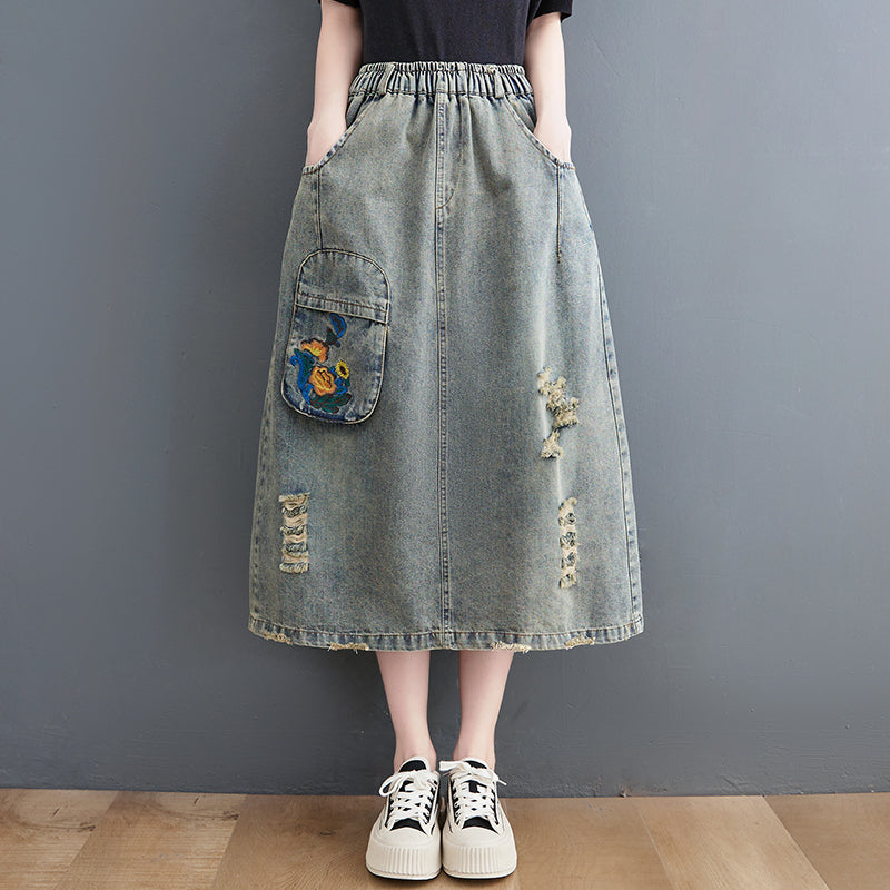 Vintage Ripped Loose A-Line Summer Denim Skirt