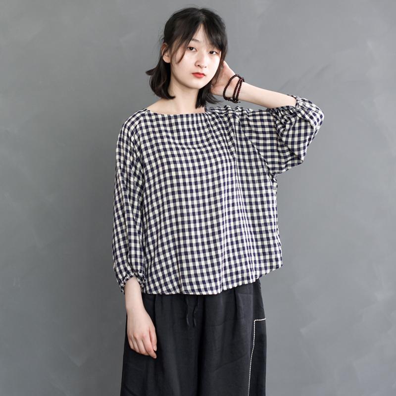 Vintage Woven Plaid Linen Shirt 2019 November New One Size Navy 