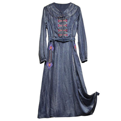 Waist Belt Embroidery Vintage Women Denim Long Sleeve Dress