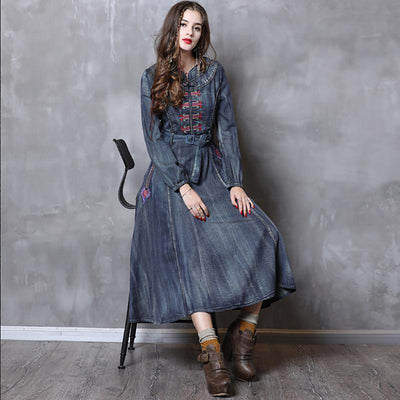 Waist Belt Embroidery Vintage Women Denim Long Sleeve Dress 2019 March New 
