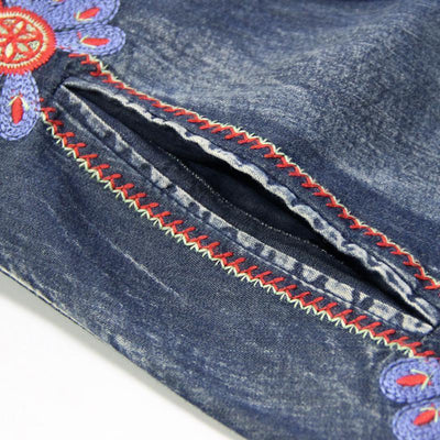 Waist Belt Embroidery Vintage Women Denim Long Sleeve Dress