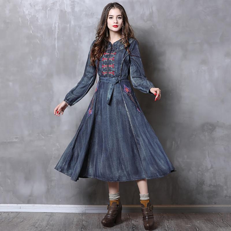 Waist Belt Embroidery Vintage Women Denim Long Sleeve Dress 2019 March New S Blue 