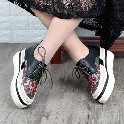Waterproof Platform Round Toe Flower Leather Paneled Shoes 2019 April New 35 Black Red 