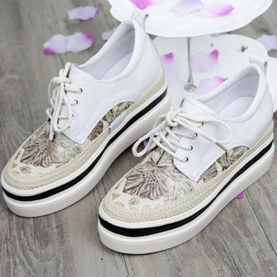 Waterproof Platform Round Toe Flower Leather Paneled Shoes 2019 April New 