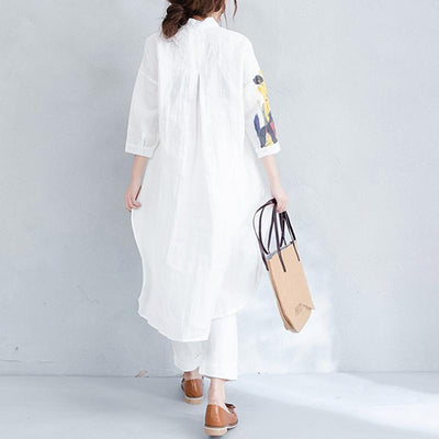 White Printed High Low Cotton Linen Loose Literary Shirt