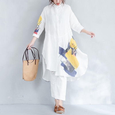 White Printed High Low Cotton Linen Loose Literary Shirt