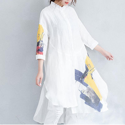 White Printed High Low Cotton Linen Loose Literary Shirt 2019 April New One Size White 