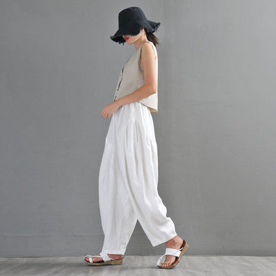 White Ruched Casual Linen Lartern Pants For Women