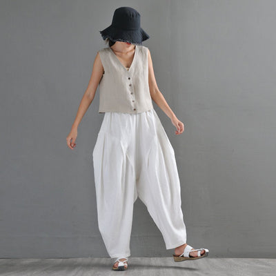 White Ruched Casual Linen Lartern Pants For Women May 2020-New Arrival 