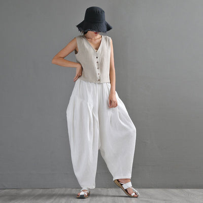 White Ruched Casual Linen Lartern Pants For Women May 2020-New Arrival 