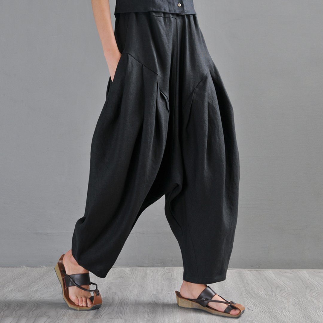White Ruched Casual Linen Lartern Pants For Women May 2020-New Arrival M Black 