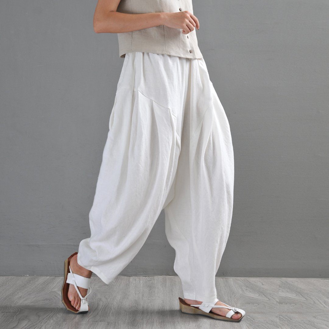 White Ruched Casual Linen Lartern Pants For Women
