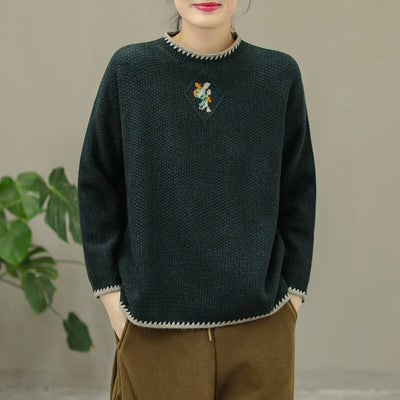 Winter Casual Embroidery Knitted Patchwork Sweater Dec 2022 New Arrival One Size Dark Green 