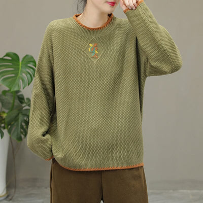 Winter Casual Embroidery Knitted Patchwork Sweater Dec 2022 New Arrival One Size Green 