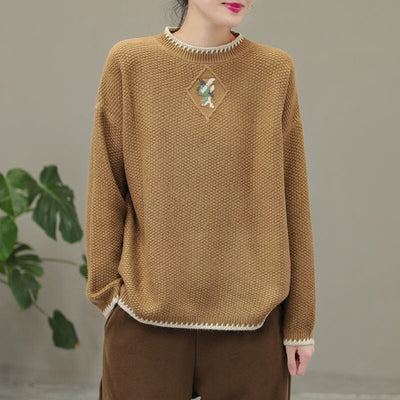 Winter Casual Embroidery Knitted Patchwork Sweater Dec 2022 New Arrival One Size Khaki 