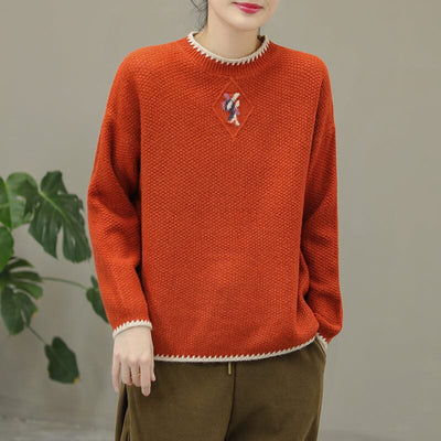 Winter Casual Embroidery Knitted Patchwork Sweater Dec 2022 New Arrival One Size Orange 