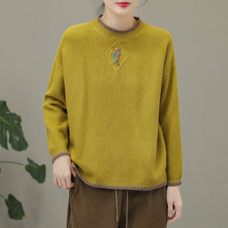 Winter Casual Embroidery Knitted Patchwork Sweater Dec 2022 New Arrival One Size Yellow 