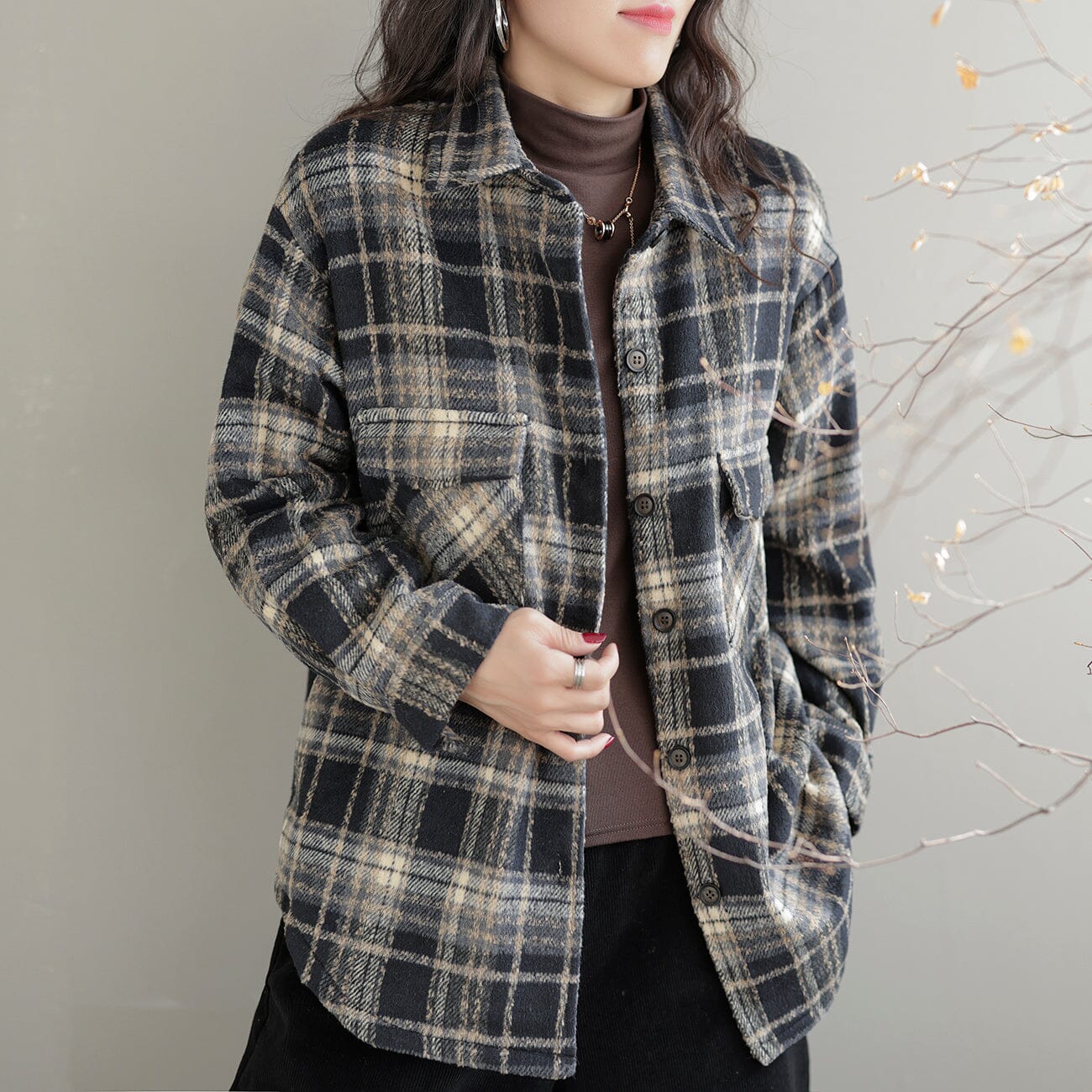 Winter Casual Plaid Cotton Thick Fleece Lining Blouse Nov 2022 New Arrival One Size Black 