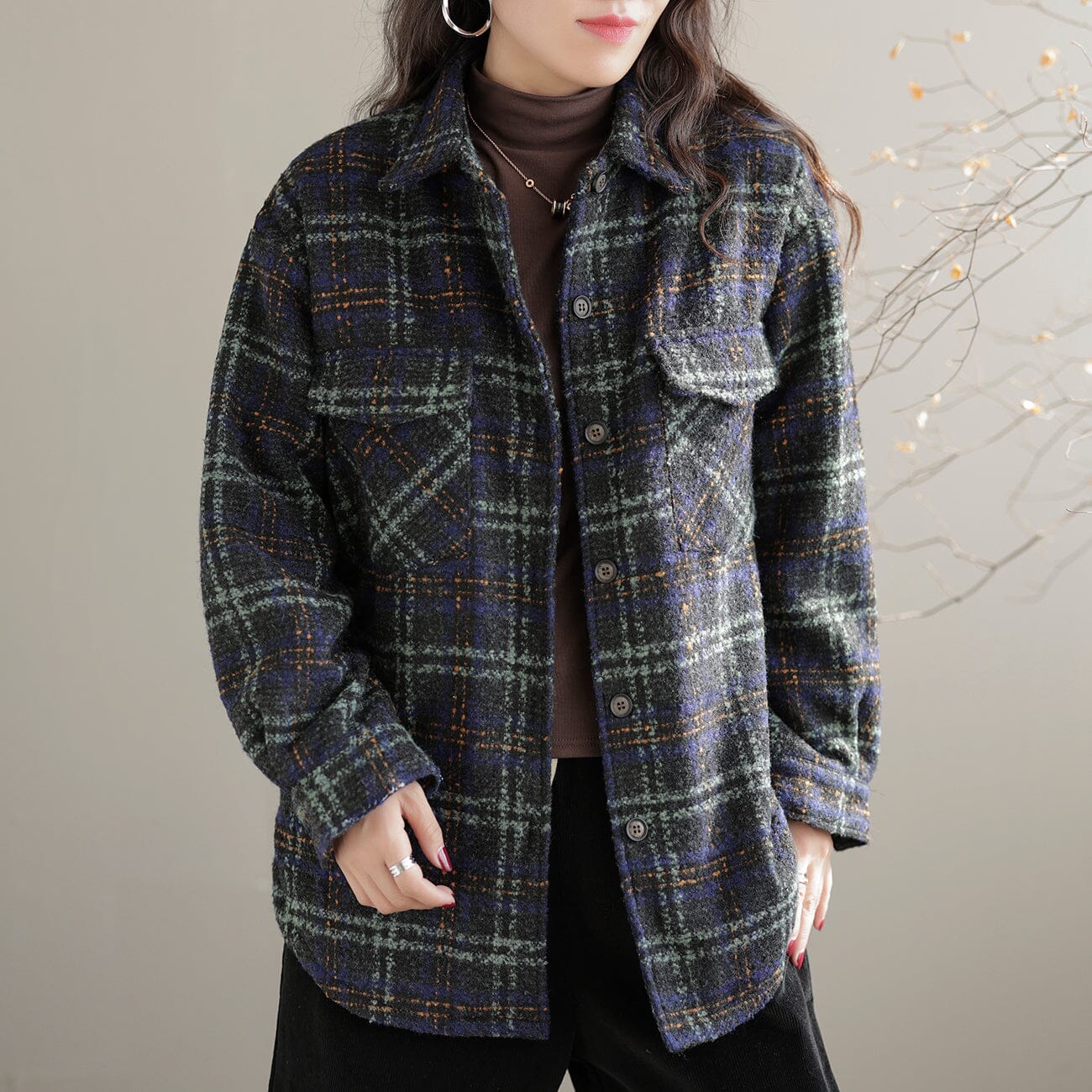 Winter Casual Plaid Cotton Thick Fleece Lining Blouse Nov 2022 New Arrival One Size Blue 