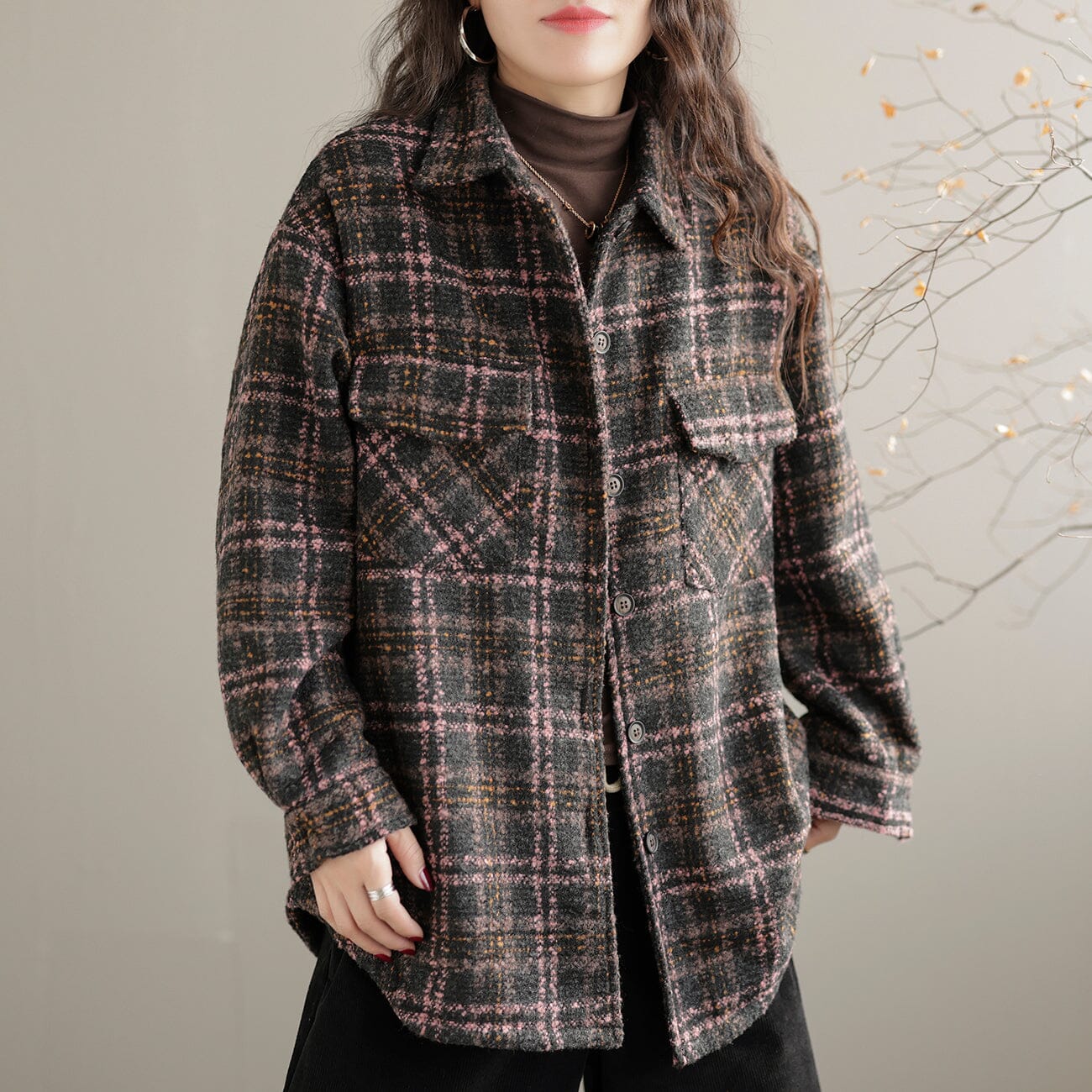 Winter Casual Plaid Cotton Thick Fleece Lining Blouse