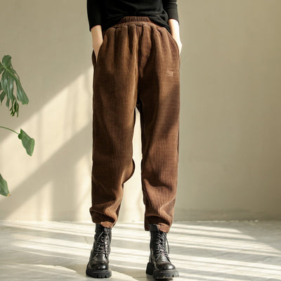 Winter Corduroy Furred Casual Harem Pants Nov 2022 New Arrival One Size Brown 
