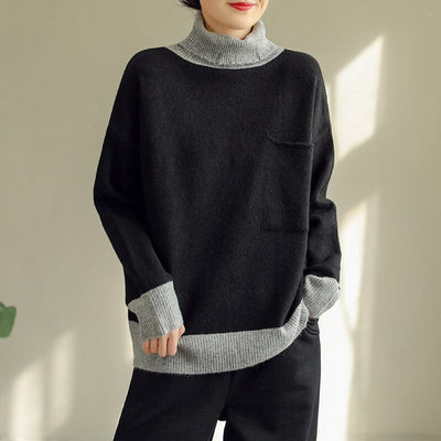Winter Fashion Color Matching Turtlenewck Knitted Sweater Nov 2022 New Arrival One Size Black 