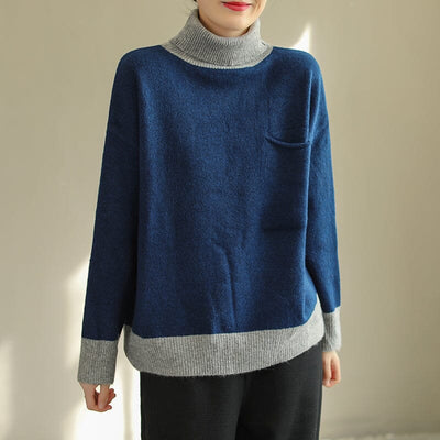 Winter Fashion Color Matching Turtlenewck Knitted Sweater Nov 2022 New Arrival One Size Blue 