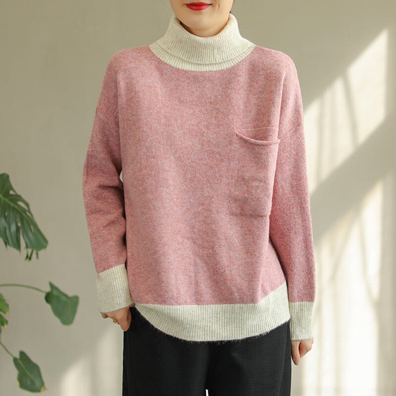 Winter Fashion Color Matching Turtlenewck Knitted Sweater Nov 2022 New Arrival One Size Pink 