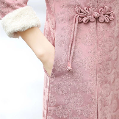 Winter Fur Retro Ethnic Floral Cotton Linen Dress