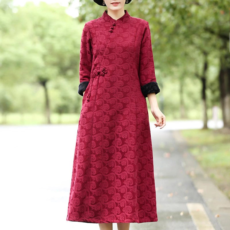 Winter Fur Retro Ethnic Floral Cotton Linen Dress Dec 2021 New Arrival One Size Red 