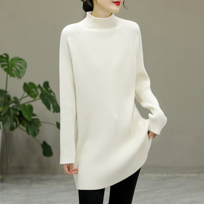 Winter Knitted Solid Stripe Turtleneck Elastic Long Sweater Dec 2022 New Arrival One Size Apricot 