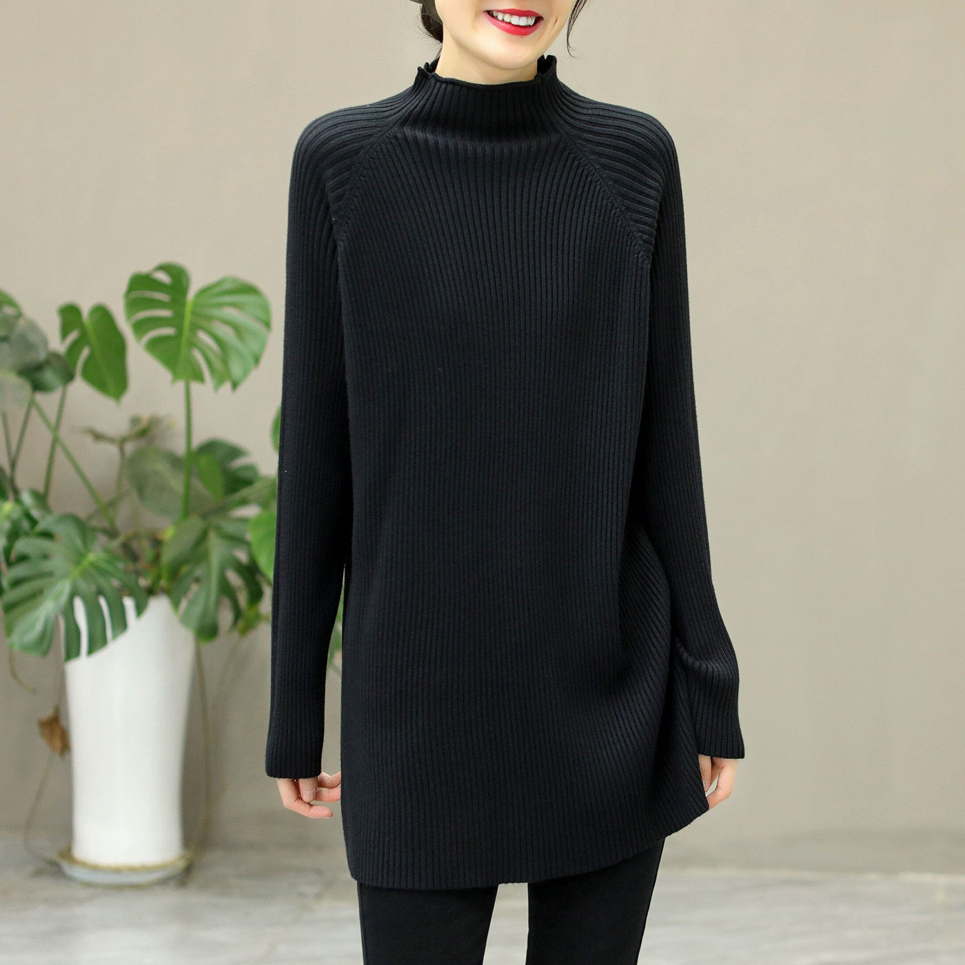 Winter Knitted Solid Stripe Turtleneck Elastic Long Sweater Dec 2022 New Arrival One Size Black 