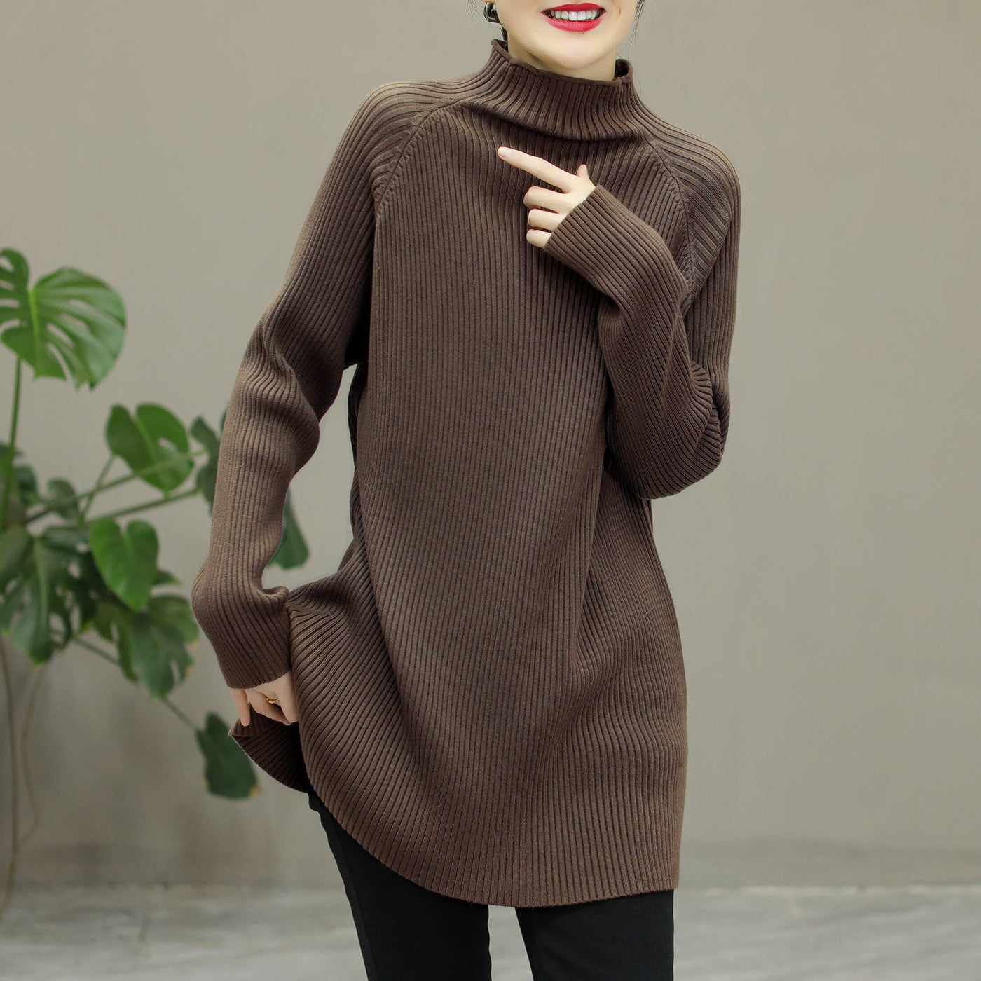 Winter Knitted Solid Stripe Turtleneck Elastic Long Sweater