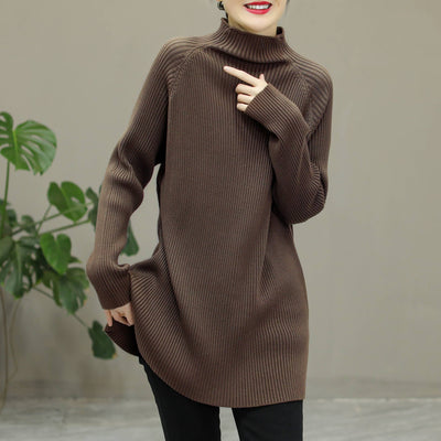 Winter Knitted Solid Stripe Turtleneck Elastic Long Sweater Dec 2022 New Arrival One Size Coffee 