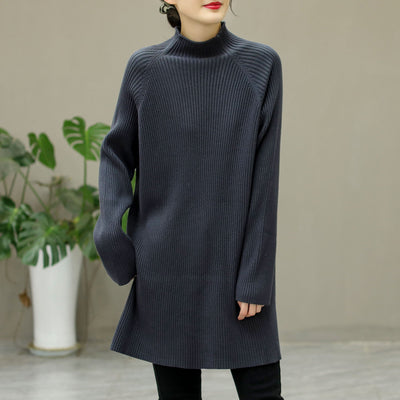 Winter Knitted Solid Stripe Turtleneck Elastic Long Sweater